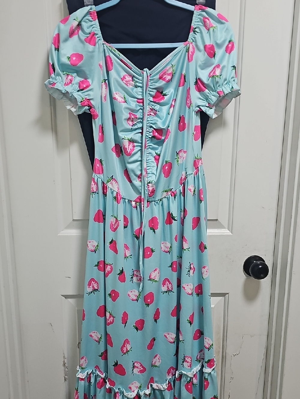Women's Puff-Sleeve Strawberry Print Dress - Aqua & Pink
